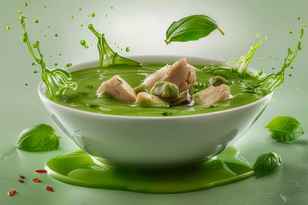 Fresh Green Pea Soup with Chicken Pieces and Herb Splash in White Bowl on Light Background AI Generativeの素材