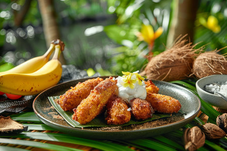 Exotic Tropical Fruit Platter with Delicious Fried Bananas and Coconut on a Lush Jungle Background AI Generativeの素材