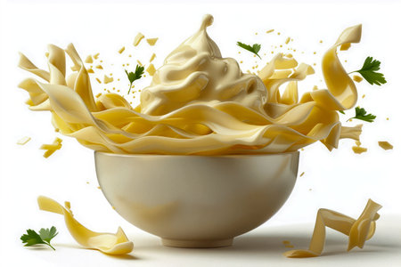 Fresh Creamy Mayonnaise Swirl with Parsley Garnish in Bowl on White Background AI Generativeの素材
