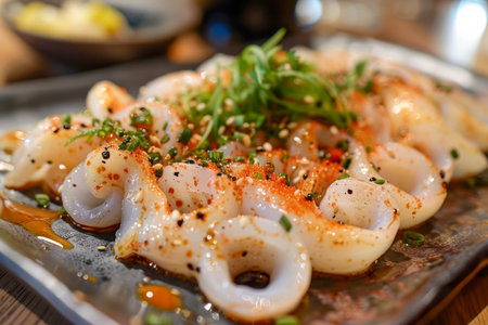 Fresh Seasoned Shrimp and Calamari Seafood Dish with Herbs and Spices on a Plate in a Rustic Restaurant Setting AI Generativeの素材