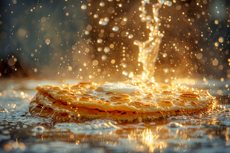 Golden Syrup Pouring onto Freshly Cooked Pancake with Sunlight Sparkling and Bokeh Background AI Generativeの素材