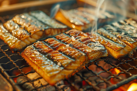 Grilled Eel Fillets with Smoky Flavor Cooking Over Charcoal Grill for Delicious Seafood Meal AI Generativeの素材