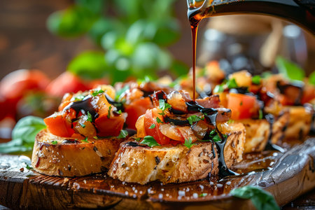 Fresh Tomato and Basil Bruschetta Drizzled with Balsamic Glaze on Rustic Wooden Table AI Generativeの素材