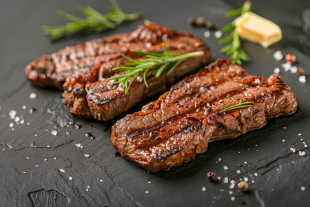 Juicy Grilled Steaks with Fresh Herbs and Spices on Black Slate Background, Gourmet Meal Concept AI Generativeの素材