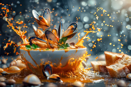 Vibrant Seafood Delight Splashing Mussels Dish with Fresh Herbs, Dynamic Kitchen Action Shot AI Generativeの素材