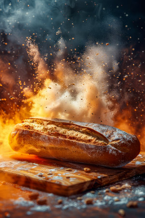 Artisan Loaf of Bread with Flour Explosion on Wooden Chopping Board Against Dark Backdrop AI Generativeの素材