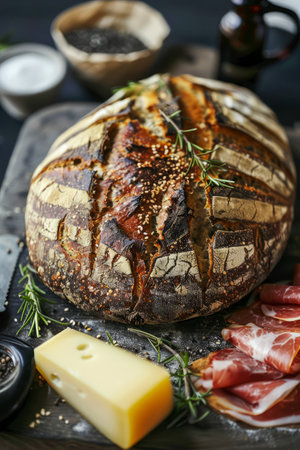 Artisan Sourdough Bread with Crispy Crust on Wooden Board, Accompanied by Cheese and Prosciutto, Gourmet Baking Concept AI Generativeの素材