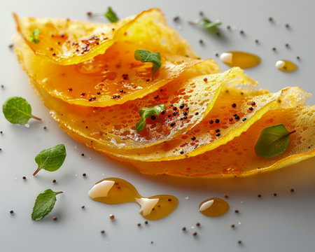Elegant Gourmet Citrus Dessert Plating with Honey Drizzle and Spearmint Leaves on a White Background AI Generativeの素材