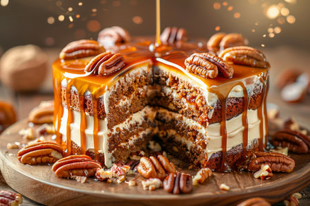 Decadent Caramel Pecan Drizzle Cake on Wooden Stand with Festive Sparklers, Gourmet Dessert Concept AI Generativeの素材