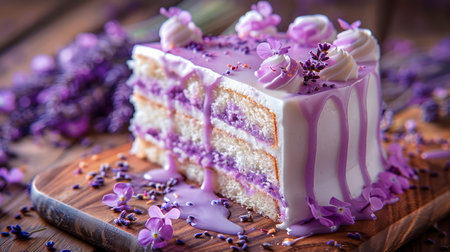 Delectable Lavender Layer Cake with Cream Frosting and Flower Toppings on Rustic Wooden Table AI Generativeの素材