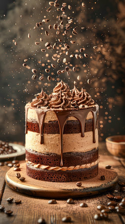 Decadent Chocolate and Coffee Layered Cake with Dripping Ganache and Coffee Beans on Rustic Wooden Table AI Generativeの素材