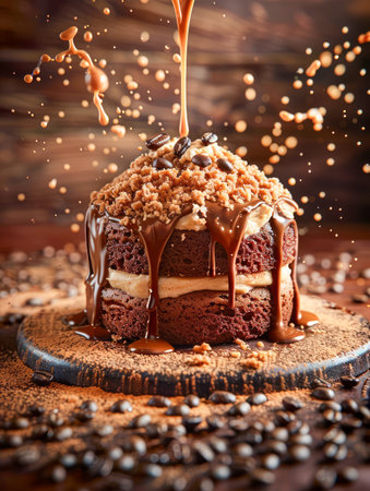 Delectable Chocolate Sponge Cake Drizzled with Caramel on Wooden Table with Coffee Beans Flying AI Generativeの素材