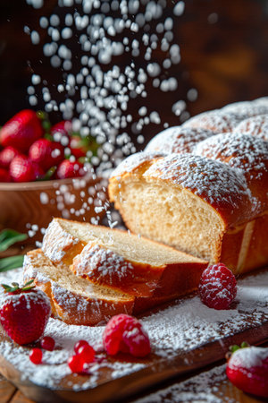Freshly Baked Sponge Cake with Powdered Sugar Topping and Strawberries on Rustic Wooden Table AI Generativeの素材