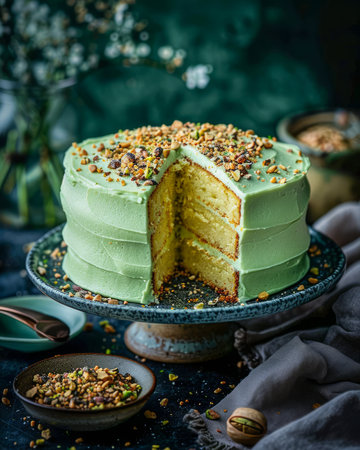 Delectable Pistachio Cake on Elegant Glass Stand with Slice Removed, Rich Creamy Texture and Nut Toppings, on Dark Mystical Background AI Generativeの素材