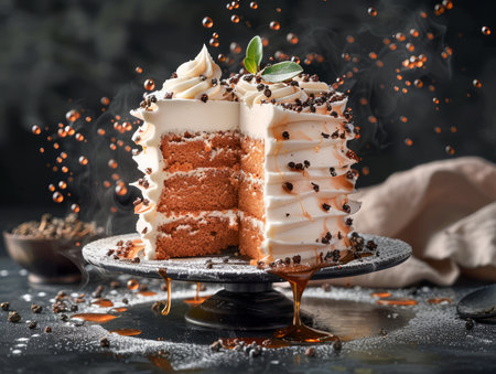 Delicious Layered Vanilla Cake with Cream Frosting and Chocolate Shavings on Elegant Stand with Sprinkles Flying Around, Moody Background AI Generativeの素材