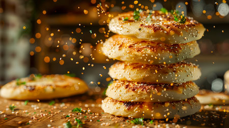 Delicious Homemade Golden Brown Fried Potato Cakes Sprinkled with Herbs on a Wooden Surface AI Generativeの素材