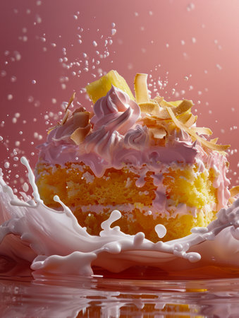 Delicious Lemon Cake with Pink Frosting Splashed by Creamy Milk on Reflective Surface against a Rosy Background AI Generativeの素材
