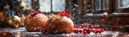 Festive Christmas Muffins with Icing Sugar and Red Berries on Rustic Wooden Table with Warm Holiday Lights AI Generativeの素材