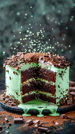 Delicious Mint Chocolate Layer Cake with Dripping Frosting and Chocolate Shavings on Dark Background AI Generativeの素材