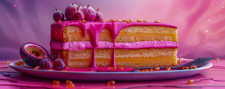Delicious layered sponge cake with vibrant pink icing and fresh fruits on elegant plate against a dreamy purple background AI Generativeの素材