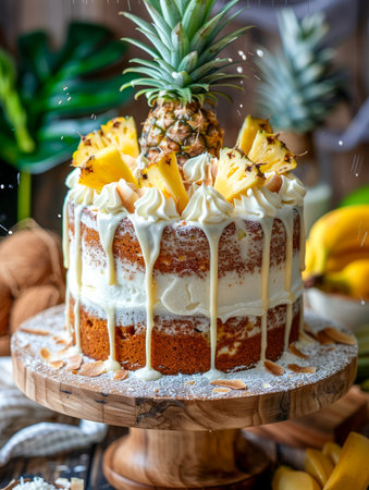 Exquisite Tropical Pineapple Layer Cake on Wooden Stand with Cream Frosting and Fresh Fruit Toppings in Rustic Kitchen Setting AI Generativeの素材