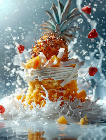 Dynamic Splash Photography of Pineapple and Berries with Water Droplets and Motion Blur in High Resolution Studio Setting AI Generativeの素材