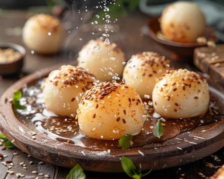 Freshly Cooked Scallops Sprinkled with Sesame Seeds on a Rustic Wooden Board in a Gourmet Kitchen AI Generativeの素材