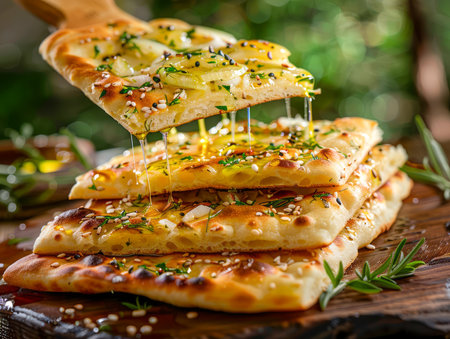Gourmet Cheesy Garlic Bread with Herbs and Spices on Wooden Cutting Board in Rustic Kitchen Setting AI Generativeの素材
