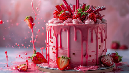 Delicious Strawberry Drip Cake with Fresh Berries and Cream on a Festive Background with Dynamic Sprinkles in the Air AI Generativeの素材