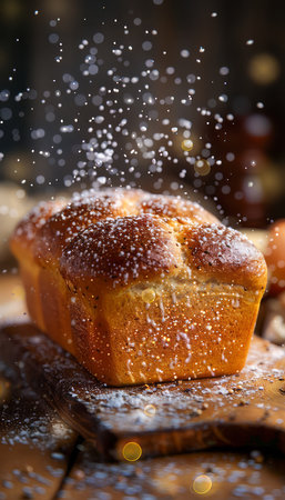 Fresh Brioche Bread Sprinkled with Powdered Sugar on Rustic Wooden Table with Warm Light AI Generativeの素材