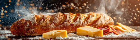 Freshly Baked Artisan Bread with Grated Cheese on Rustic Wooden Table in Golden Backlight AI Generativeの素材