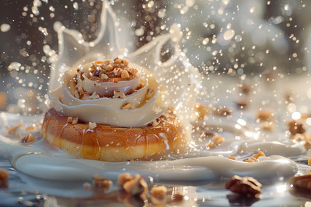 Delightful Cinnamon Roll with Splash of Cream and Scattered Nuts on a Warmly Lit Background AI Generativeの素材