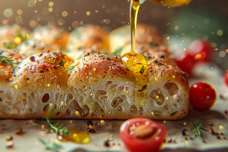 Freshly Baked Focaccia Bread Drizzled with Olive Oil, Garnished with Herbs and Cherry Tomatoes, Artisanal Italian Cuisine Concept AI Generativeの素材