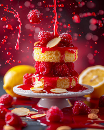 Vibrant Raspberry Lemon Mini Cake Tower with Splashing Berry Sauce on Moody Red Background AI Generativeの素材