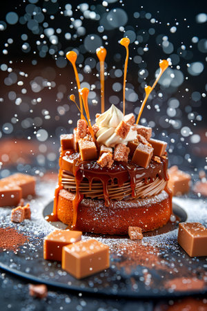 Gourmet Caramel Explosion Dessert on Dark Background, Elegant Pastry with Frosting and Caramel Pieces in Dynamic Setting with Sugar Sprinkles AI Generativeの素材