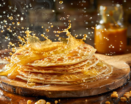 Freshly Made Golden Pancakes with Honey Drizzle and Dynamic Splash on Rustic Wooden Table AI Generativeの素材