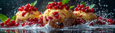 Fresh Pomegranate Muffins with Vibrant Red Seeds and Water Splash on Dark Background AI Generativeの素材