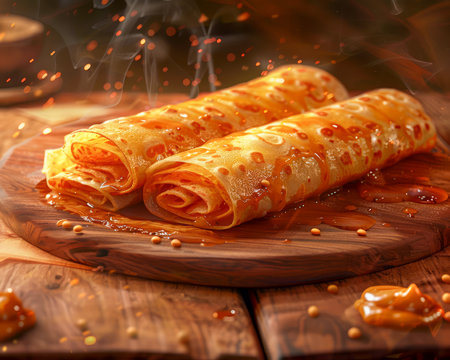 Fresh Homemade Rolled Pancakes with Sweet Caramel Sauce on Wooden Table with Steam Rising AI Generativeの素材