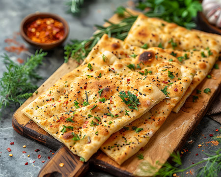 Freshly Baked Garlic Bread with Herbs and Spices on Wooden Board, Perfect for Gourmet Italian Cuisine Concept AI Generativeの素材