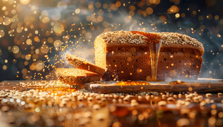 Golden Wheat Bread Loaf on Rustic Wooden Table with Warm Sparkling Bokeh Lights in Artisan Bakery AI Generativeの素材