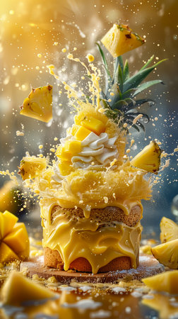 Whimsical Pineapple Explosion Cake with Vibrant Yellow Splashes and Fruit Pieces on Festive Background AI Generativeの素材
