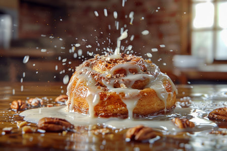 Freshly Baked Cinnamon Roll with Pecans and Icing Splashing onto Wooden Table in Rustic Kitchen Setting AI Generativeの素材