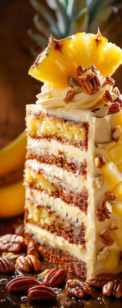 Gourmet Pineapple Pecan Layer Cake with Cream Cheese Frosting on Rustic Wooden Background for Exquisite Dessert Menu or Bakery AI Generativeの素材