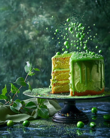 Vibrant Green Layered Cake with Sprinkles on Elegant Stand with Natural Backdrop AI Generativeの素材