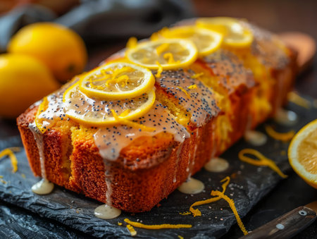 Gourmet Lemon Poppy Seed Loaf Cake with Glaze and Sliced Lemon Topping on a Rustic Presentation Board AI Generativeの素材