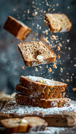 Levitating Slices of Bread with Butter and Falling Crumbs on Wooden Table, Freshly Baked Loaf in Artistic Kitchen Scene with Moody Lighting AI Generativeの素材
