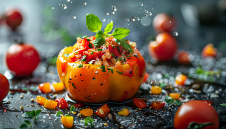 Fresh Stuffed Bell Pepper with Herbs, Rice, Vegetables on Rustic Background, Healthy Vegetarian Meal Concept, Copy Space AI Generativeの素材