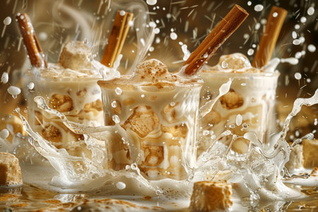 Dynamic High Speed Splash Photography Featuring Cinnamon Sticks and Ice Cubes in Creamy Milk with Cereal AI Generativeの素材