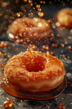 Close up of Glazed Donut on Dark Background with Golden Sparkles and Sugar Sprinkles Sweet Treat Concept AI Generativeの素材