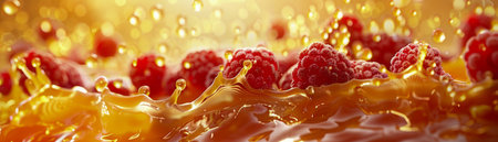 Close up of Fresh Raspberries Splashing into Juicy Orange Background with Water Droplets AI Generativeの素材